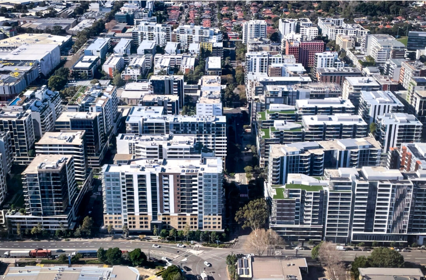 A photo taken on June 16, 2024, shows an aerial view of apartment blocks located in the Sydney suburb of Mascot in Australia. 